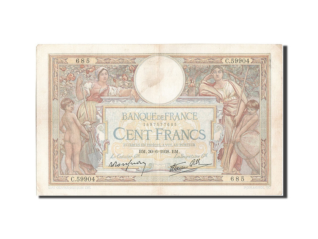 France, 100 Francs, 100 F 1908-1939 ''Luc Olivier Merson'', 1938, KM #86b,...