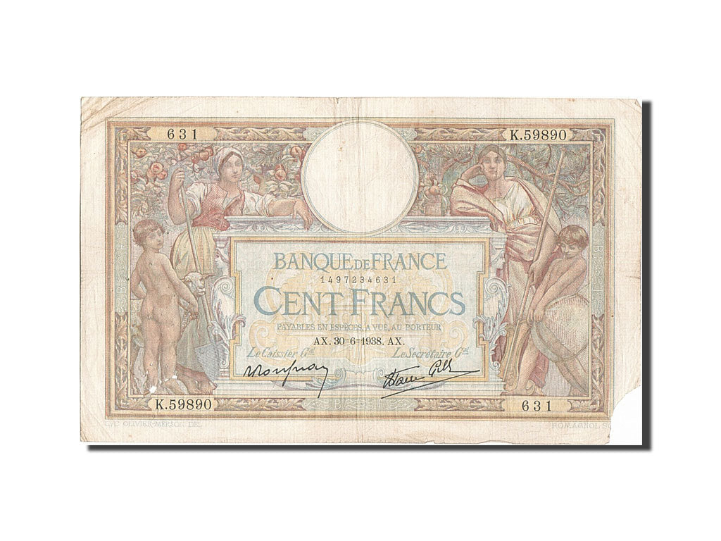 Banknote, France, 100 Francs, 100 F 1908-1939 ''Luc Olivier Merson'', 1938
