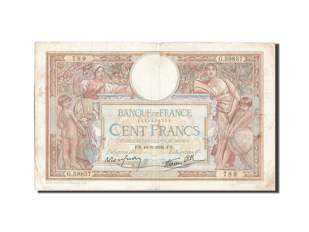 Banknote, France, 100 Francs, 100 F 1908-1939 ''Luc Olivier Merson'', 1938