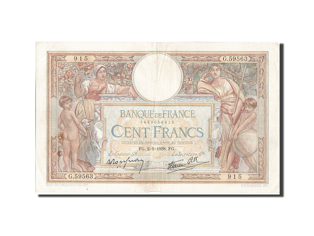France, 100 Francs, 100 F 1908-1939 ''Luc Olivier Merson'', 1938, KM #86b,...