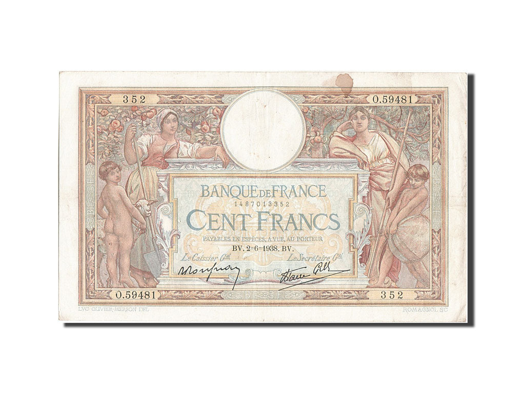 Banknote, France, 100 Francs, 100 F 1908-1939 ''Luc Olivier Merson'', 1938
