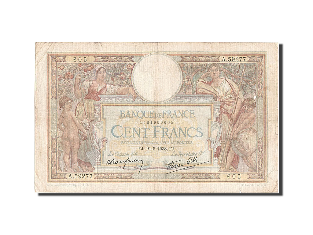 Banknote, France, 100 Francs, 100 F 1908-1939 ''Luc Olivier Merson'', 1938