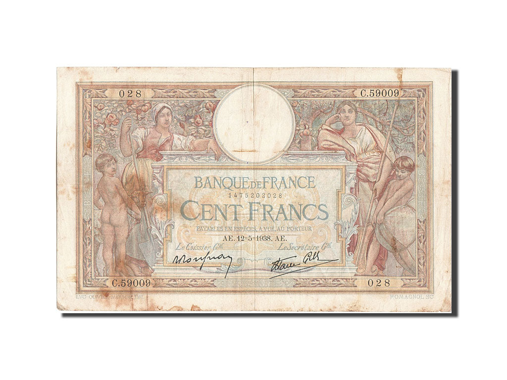 Banknote, France, 100 Francs, 100 F 1908-1939 ''Luc Olivier Merson'', 1938