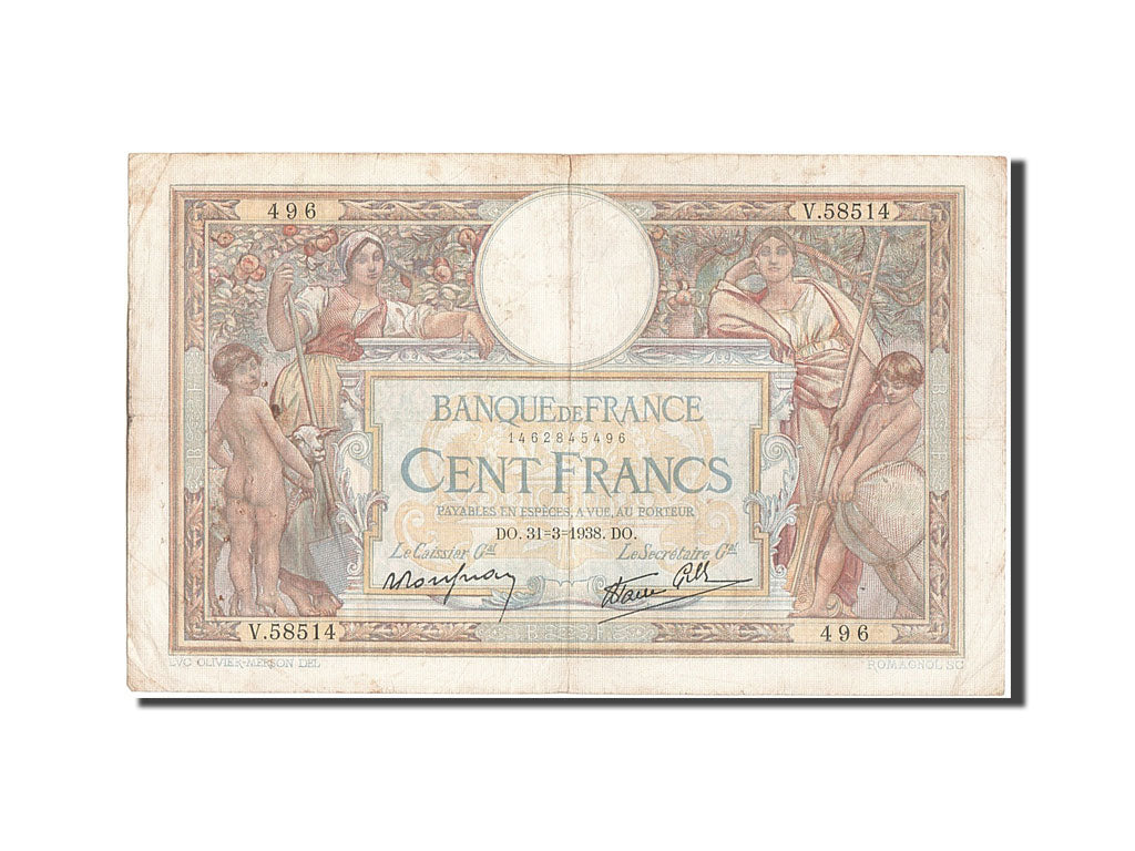 Banknote, France, 100 Francs, 100 F 1908-1939 ''Luc Olivier Merson'', 1938