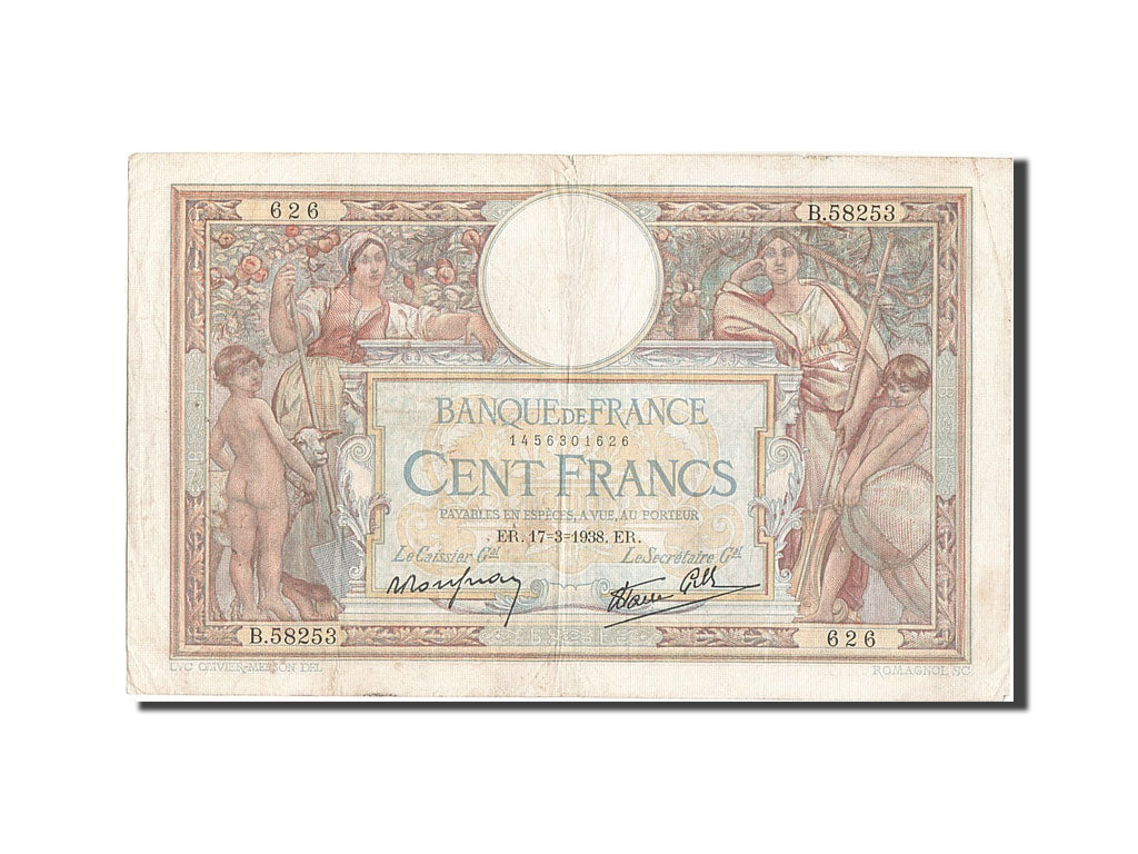 France, 100 Francs, 100 F 1908-1939 ''Luc Olivier Merson'', 1938, KM #86b,...