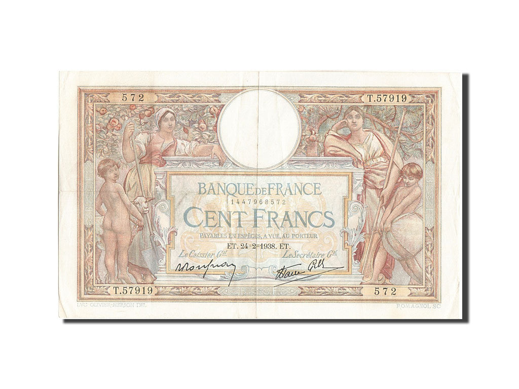 France, 100 Francs, 100 F 1908-1939 ''Luc Olivier Merson'', 1938, KM #86b,...