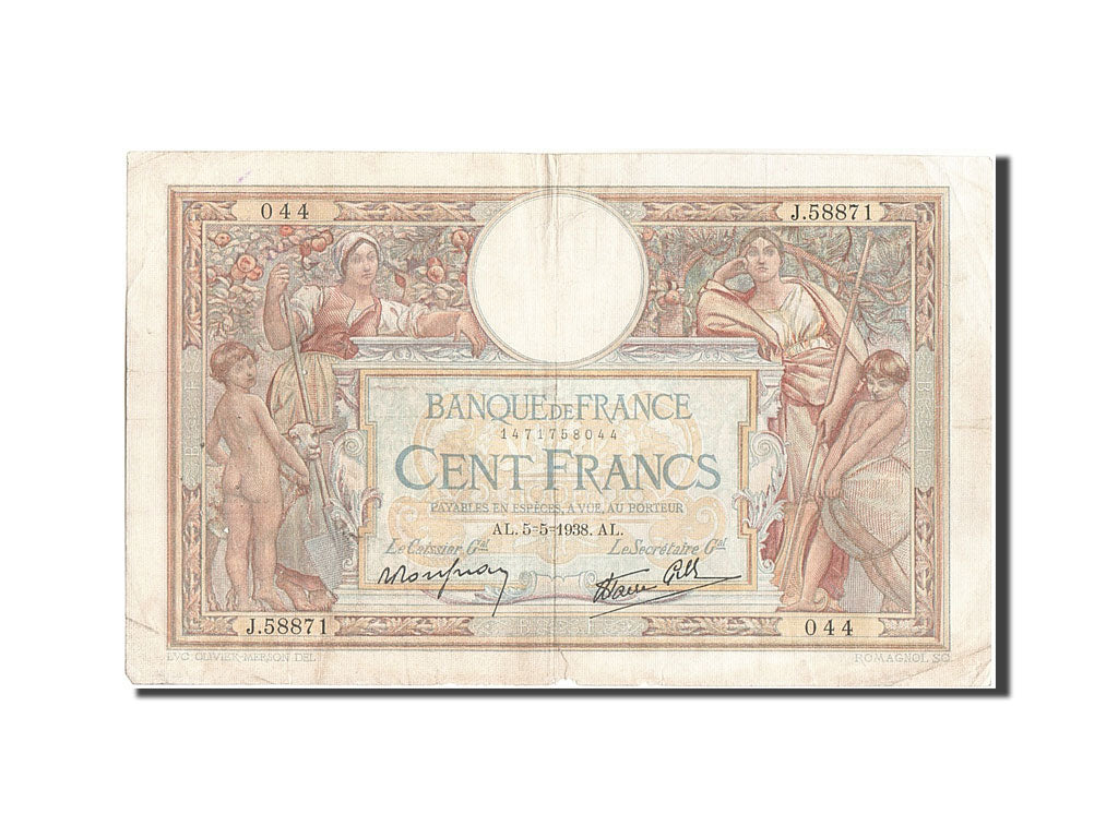 Banknote, France, 100 Francs, 100 F 1908-1939 ''Luc Olivier Merson'', 1938