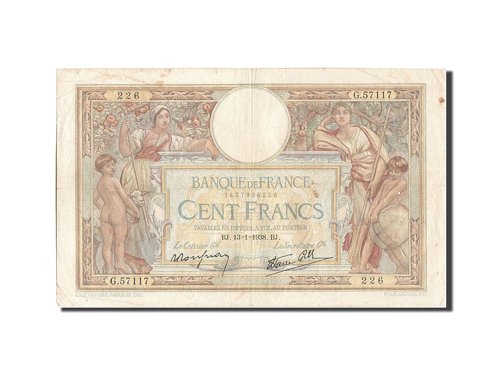 Banknote, France, 100 Francs, 100 F 1908-1939 ''Luc Olivier Merson'', 1938