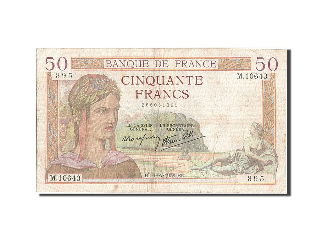 France, 50 Francs, 100 F 1908-1939 ''Luc Olivier Merson'', 1939, KM #85b,...