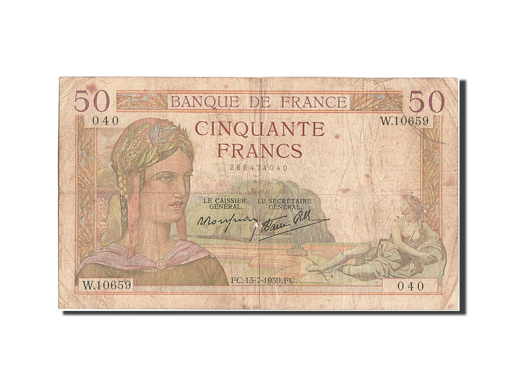 France, 50 Francs, 50 F 1934-1940 ''Cérès'', 1939, KM #85b, 1939-07-13, VG(8-10)