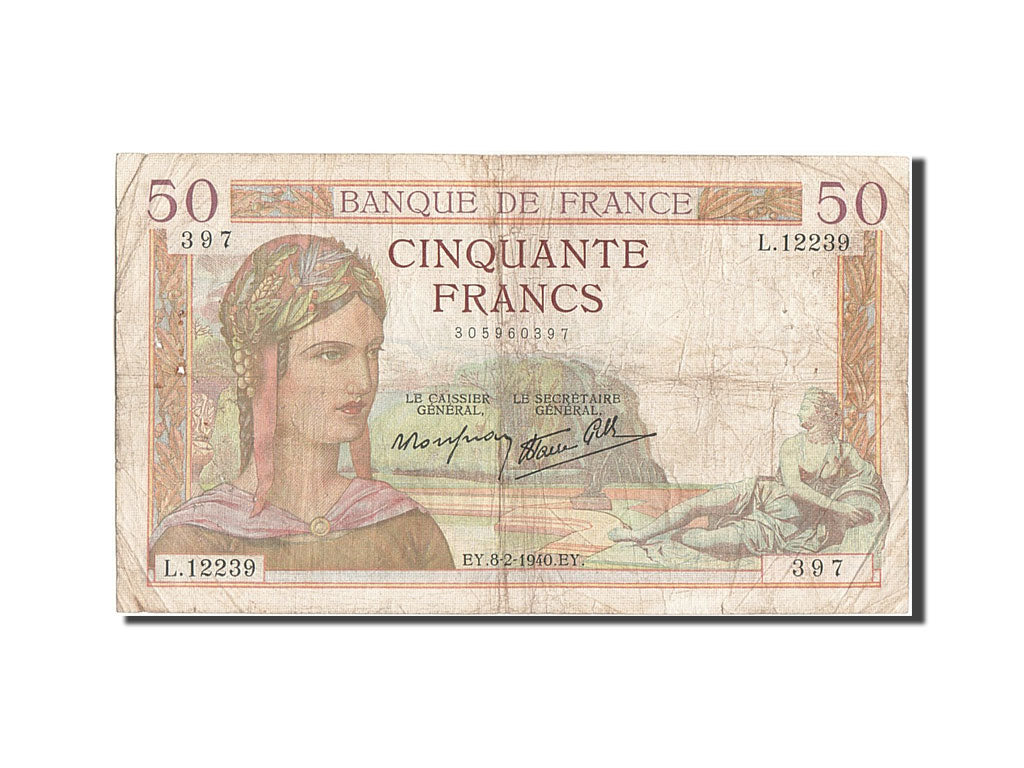 France, 50 Francs, 50 F 1934-1940 ''Cérès'', 1940, KM #85b, 1940-02-08, VG(8-10)