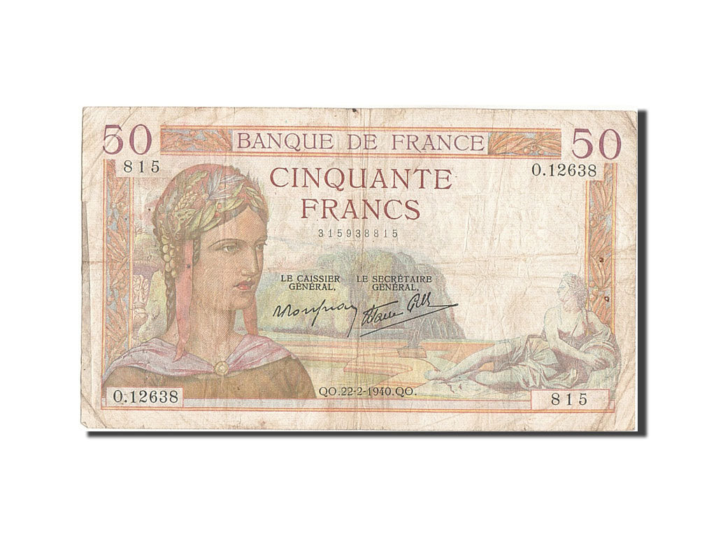 France, 50 Francs, 50 F 1934-1940 ''Cérès'', 1940, KM #85b, 1940-02-22, VG(8-10)