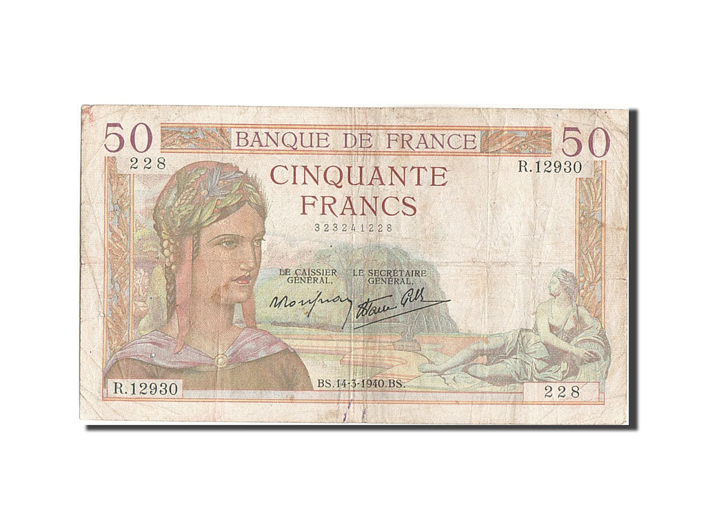 France, 50 Francs, 50 F 1934-1940 ''Cérès'', 1940, KM #85b, 1940-03-14, F(12-15)