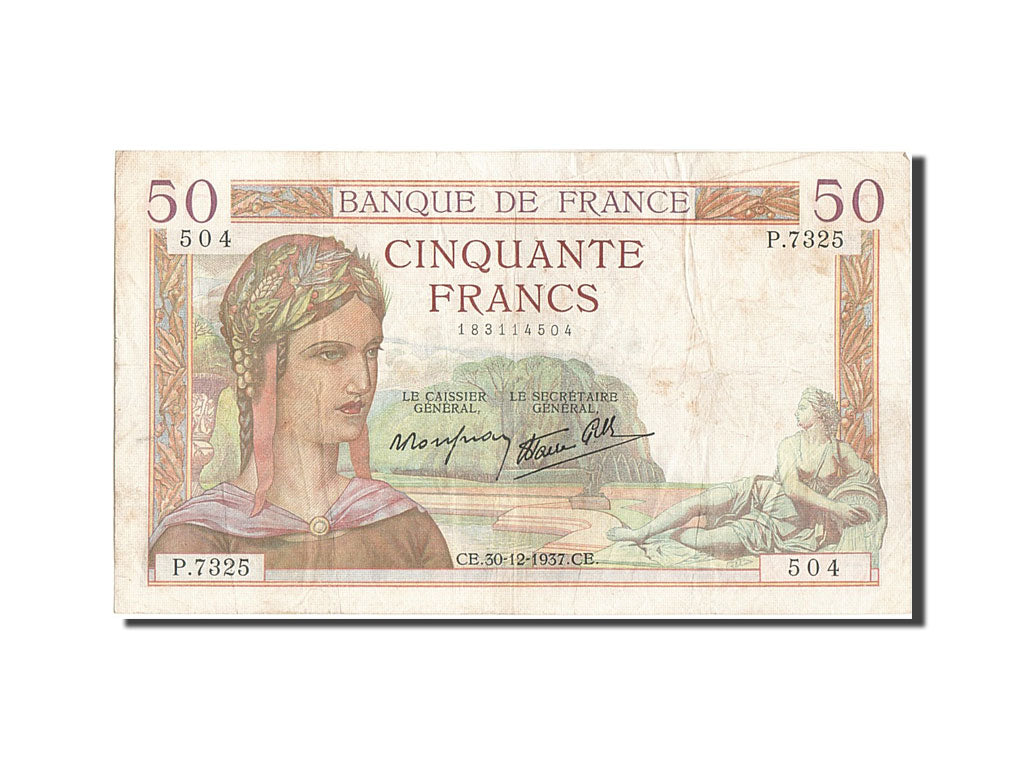 France, 50 Francs, 50 F 1934-1940 ''Cérès'', 1937, KM #85b, 1937-12-30, V...