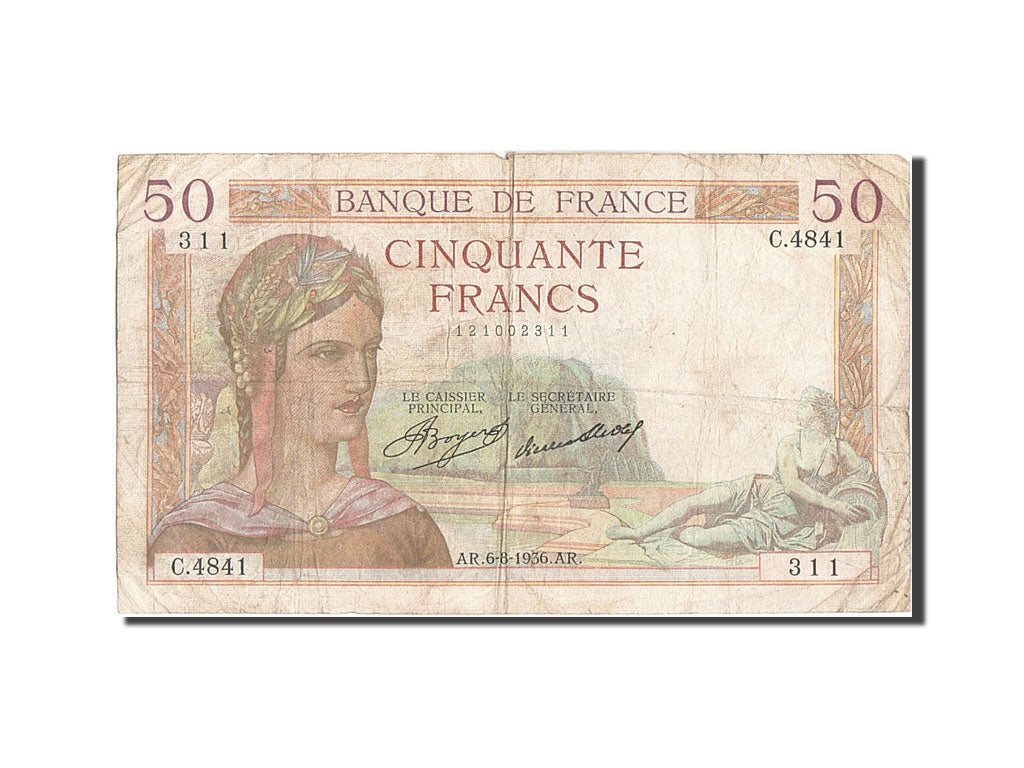 Francia, 50 Francs, 50 F 1934-1940 ''Cérès'', 1936, KM:81, B+, Fayette:17.29