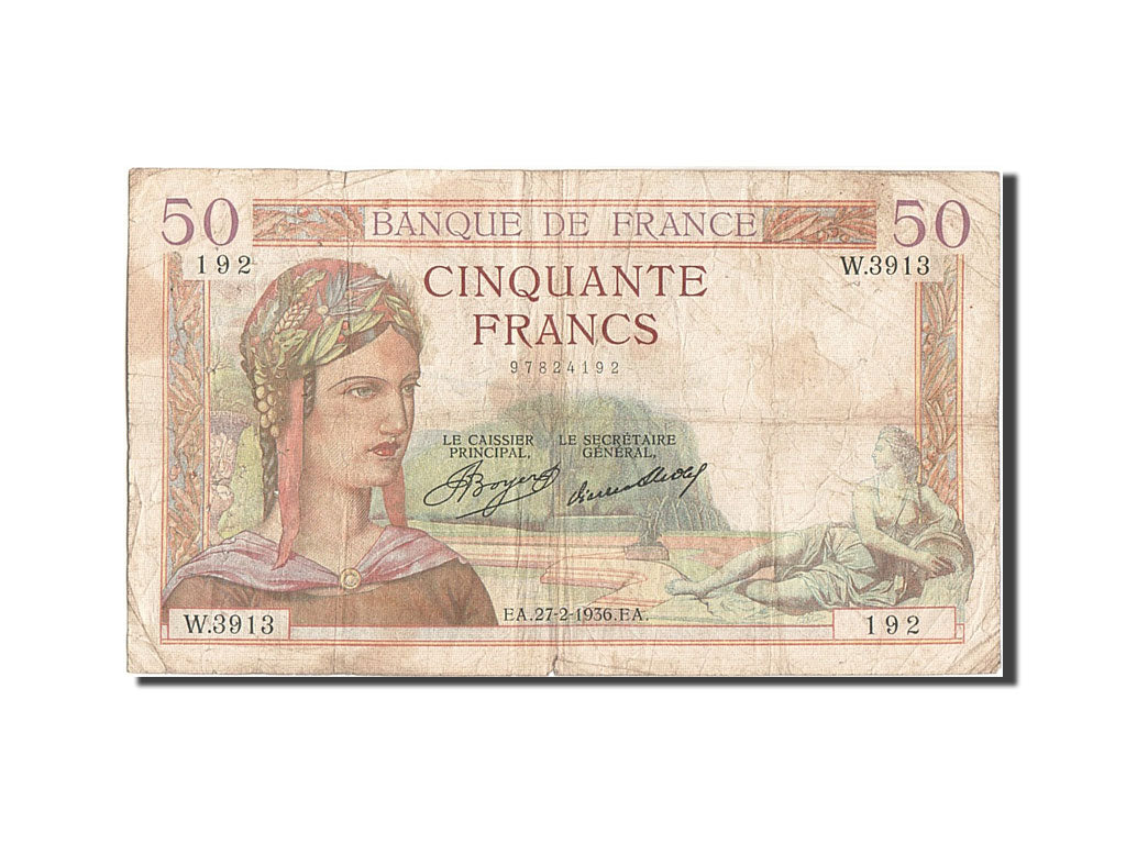 Banconote, Francia, 50 Francs, 50 F 1934-1940 ''Cérès'', 1936, 1936-02-27, B+