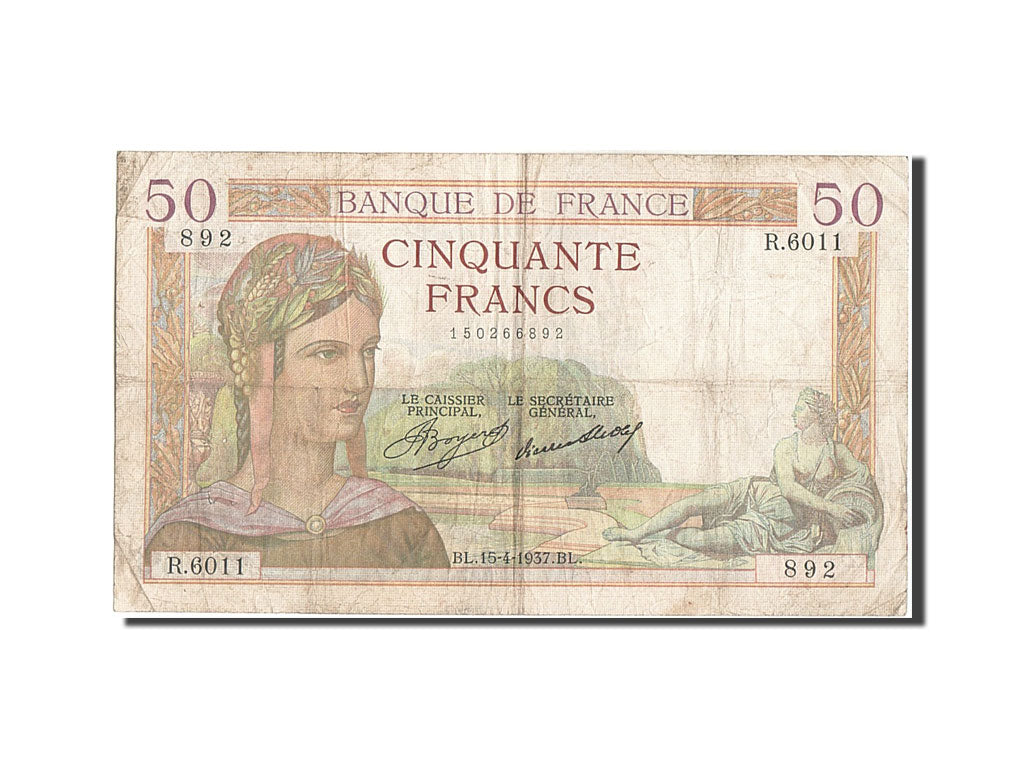 France, 50 Francs, 50 F 1934-1940 ''Cérès'', 1937, KM #81, 1937-04-15, F(12-15),