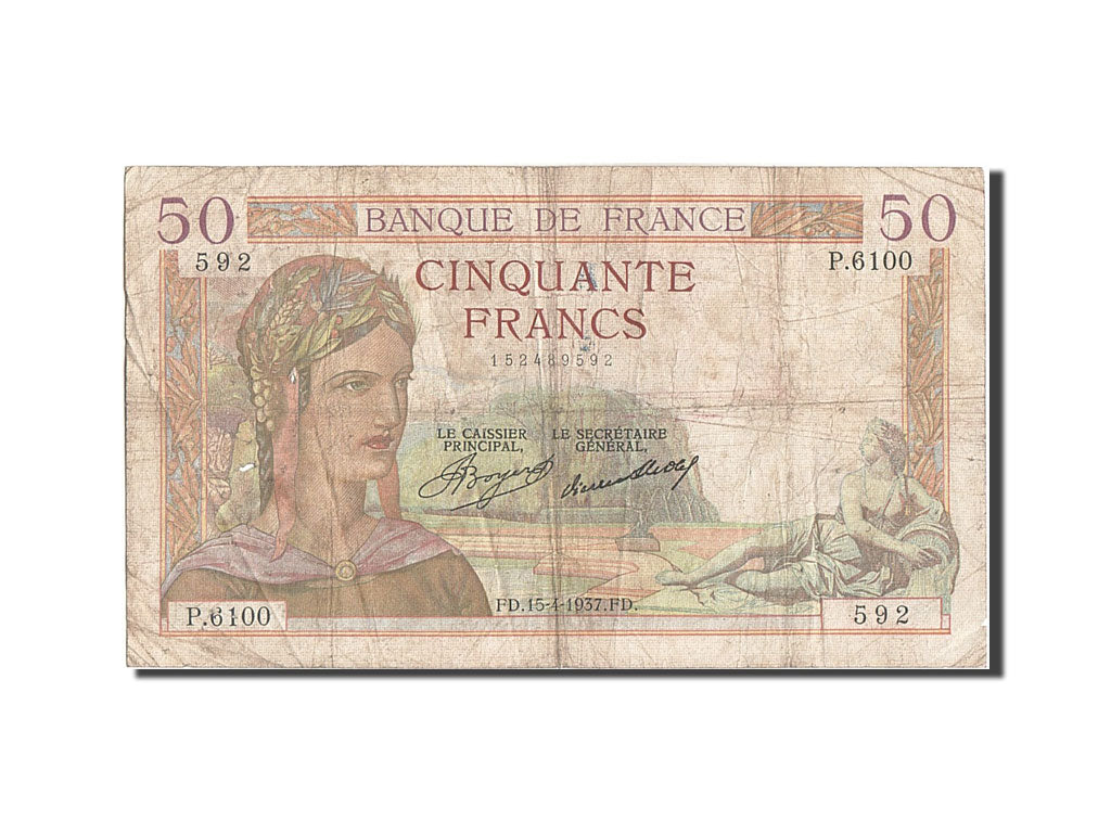 France, 50 Francs, 50 F 1934-1940 ''Cérès'', 1937, KM #81, 1937-04-15, VG(8-10),