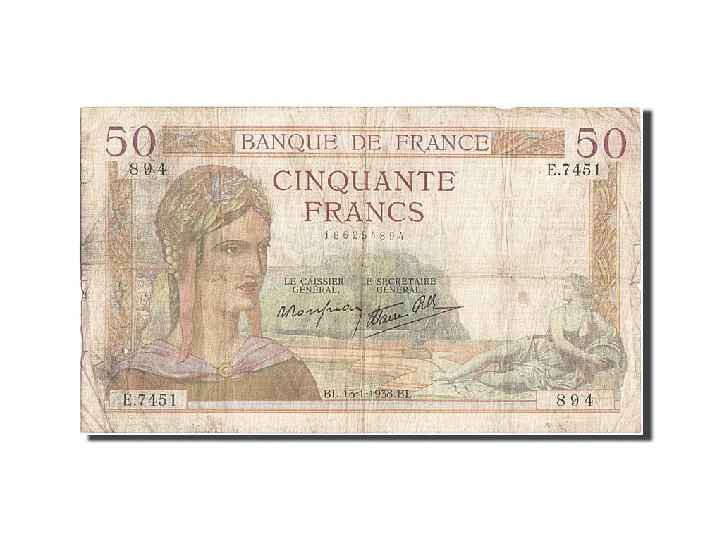 France, 50 Francs, 50 F 1934-1940 ''Cérès'', 1938, KM #85b, 1938-01-13, VG(8-10)