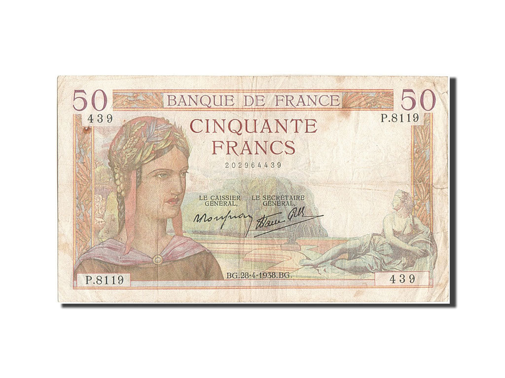 France, 50 Francs, 50 F 1934-1940 ''Cérès'', 1938, KM #85b, 1938-04-28, VG(8-10)