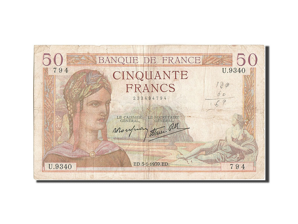 France, 50 Francs, 50 F 1934-1940 ''Cérès'', 1939, KM #85b, 1939-01-05, VG(8-10)