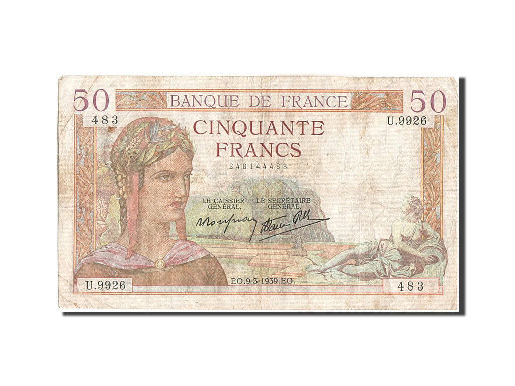 France, 50 Francs, 50 F 1934-1940 ''Cérès'', 1939, KM #85b, 1939-03-09, F(12-15)