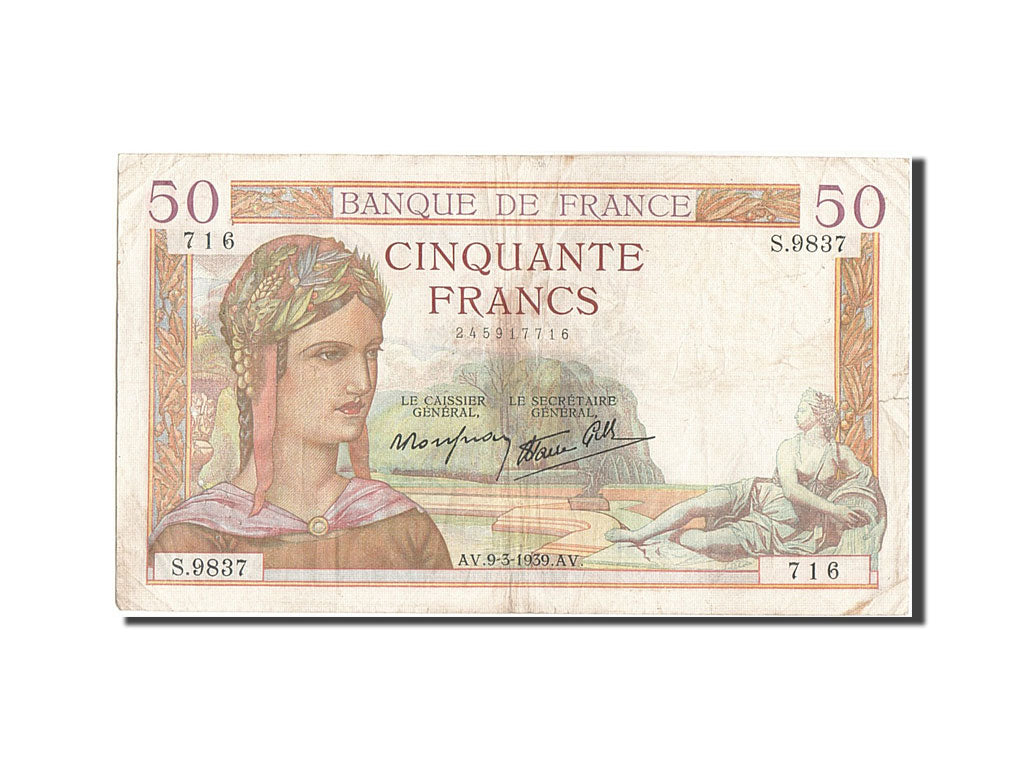 Banknot, Francja, 50 Francs, Cérès, 1939, 1939-03-09, VF(20-25)