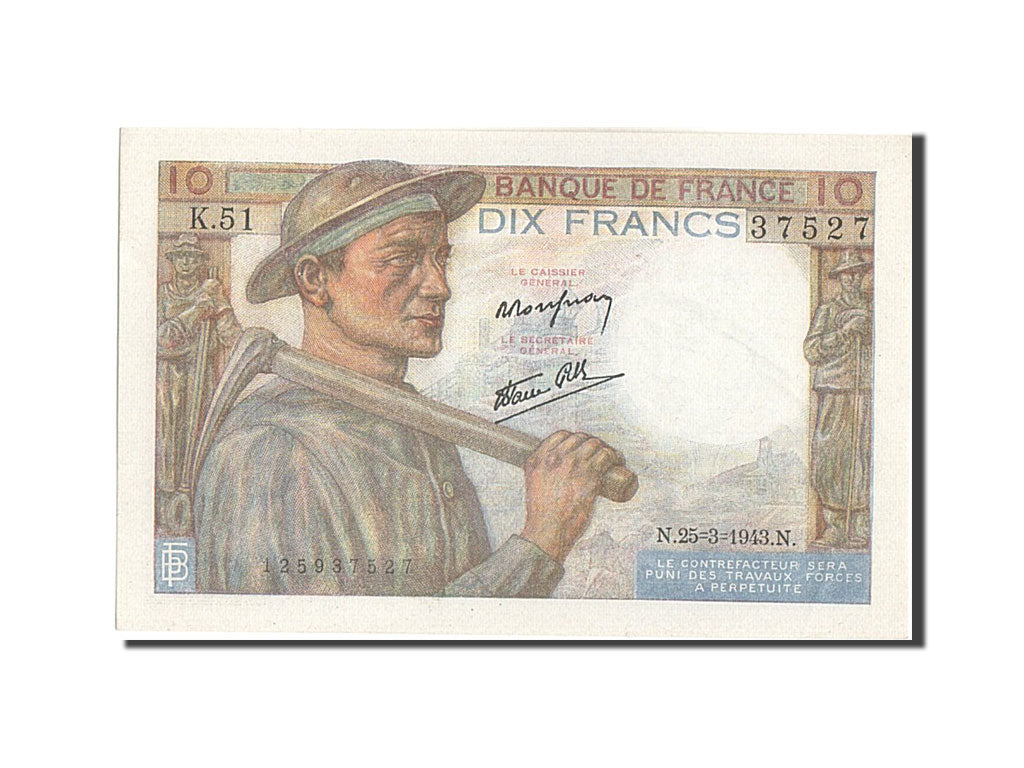 Geldschein, Frankreich, 10 Francs, 10 F 1941-1949 ''Mineur'', 1943, 1943-03-25