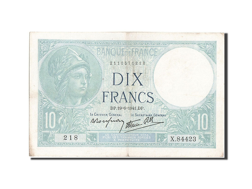 Billet, France, 10 Francs, 10 F 1916-1942 ''Minerve'', 1941, 1941-06-19, TTB