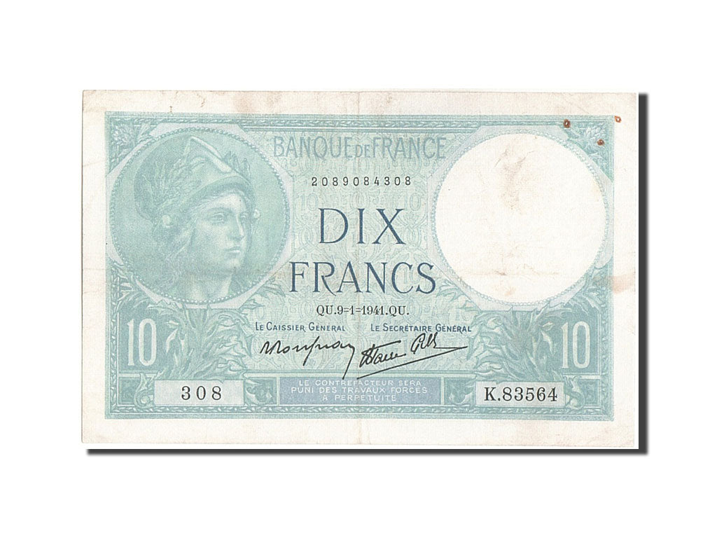 France, 10 Francs, 10 F 1916-1942 ''Minerve'', 1941, KM #84, 1941-01-09,...