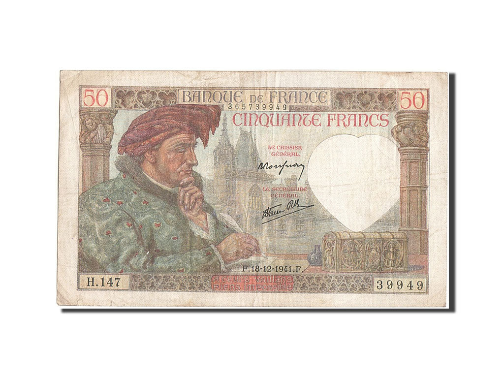 France, 50 Francs, 50 F 1940-1942 ''Jacques Coeur'', 1940, KM #93, 1941-12-18,..