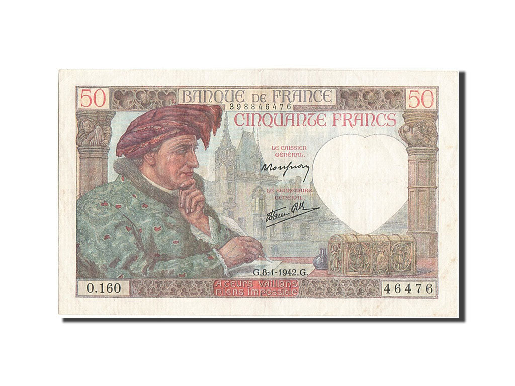 France, 50 Francs, 50 F 1940-1942 ''Jacques Coeur'', 1942, KM #93, 1942-01-08,..