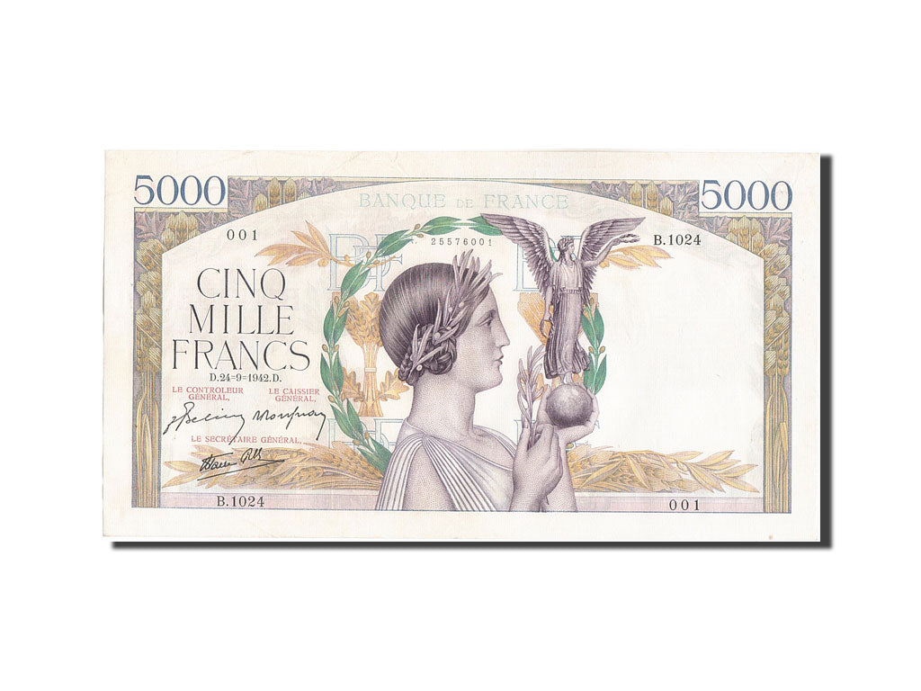 Banknote, France, 5000 Francs, 5 000 F 1934-1944 ''Victoire'', 1942, 1942-09-24