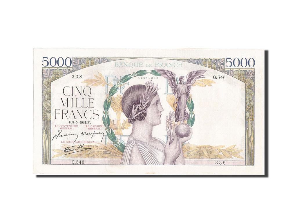 France, 5000 Francs, 5 000 F 1934-1944 ''Victoire'', 1941, KM #97c, 1941-05-08,.