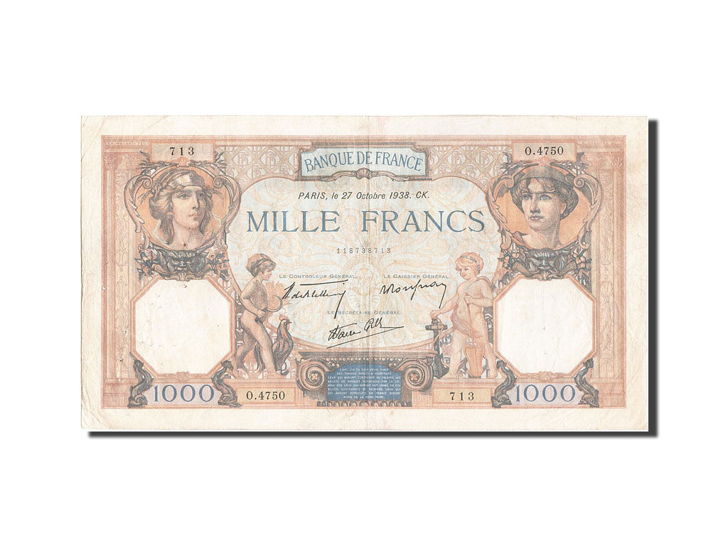 Banknote, France, 1000 Francs, 1 000 F 1927-1940 ''Cérès et Mercure'', 1938
