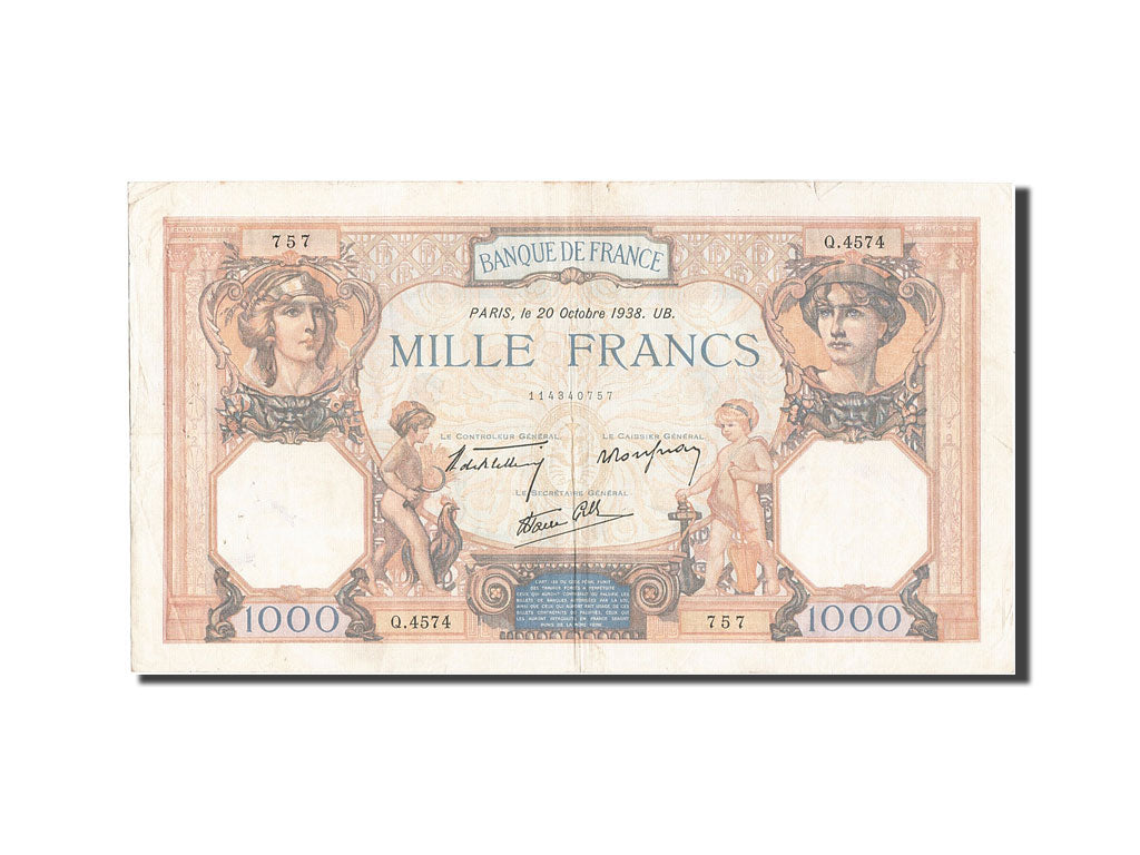 France, 1000 Francs, 1 000 F 1927-1940 ''Cérès et Mercure'', 1938, KM #90c, 1...