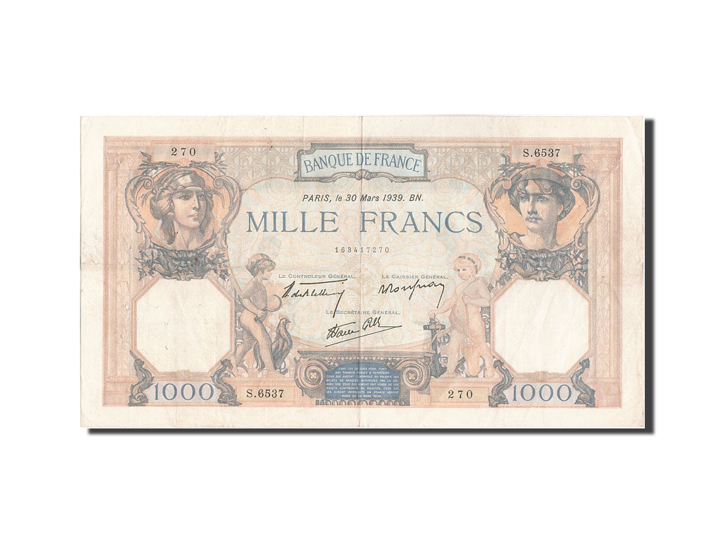 Billete, Francia, 1000 Francs, 1 000 F 1927-1940 ''Cérès et Mercure'', 1939