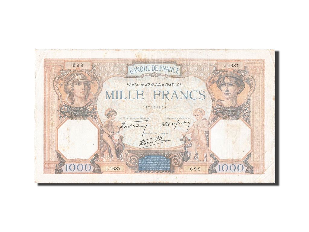 Billete, Francia, 1000 Francs, 1 000 F 1927-1940 ''Cérès et Mercure'', 1938
