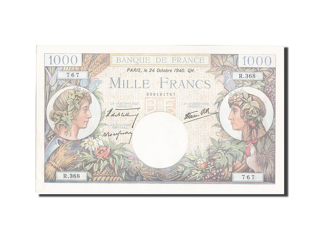 Geldschein, Frankreich, 1000 Francs, 1 000 F 1940-1944 ''Commerce et