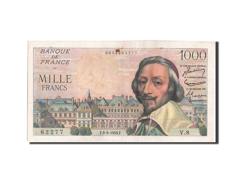France, 1000 Francs, 1 000 F 1953-1957 ''Richelieu'', 1953, KM #134a,...
