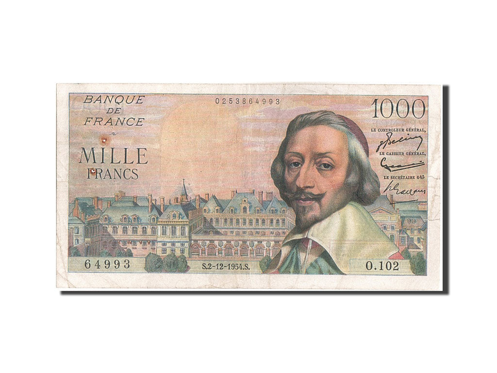Francia, 1000 Francs, 1 000 F 1953-1957 ''Richelieu'', 1954, KM:134a, 1954-12...