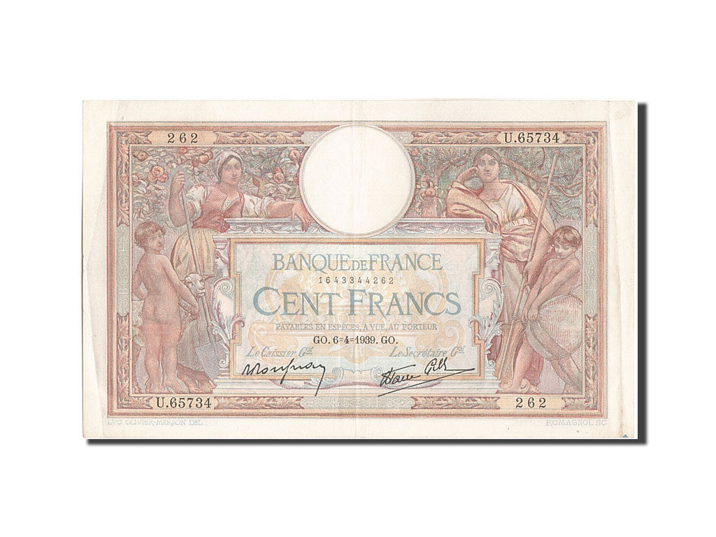 Banknote, France, 100 Francs, 100 F 1908-1939 ''Luc Olivier Merson'', 1939
