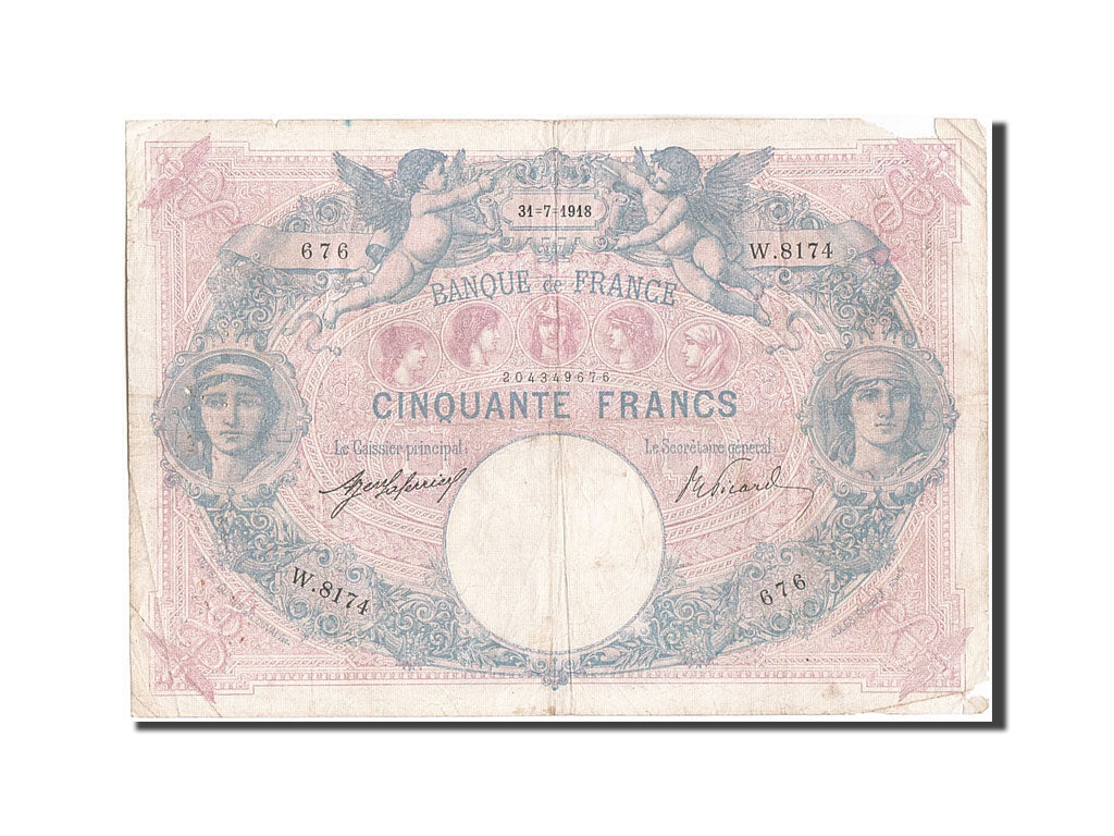 France, 50 Francs, 50 F 1889-1927 ''Bleu et Rose'', 1918, KM #64e, 1918-07-31,..