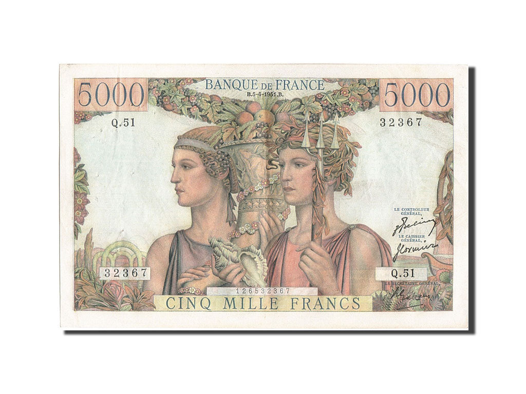 France, 5000 Francs, 5 000 F 1949-1957 ''Terre et Mer'', 1951, KM #131b,...