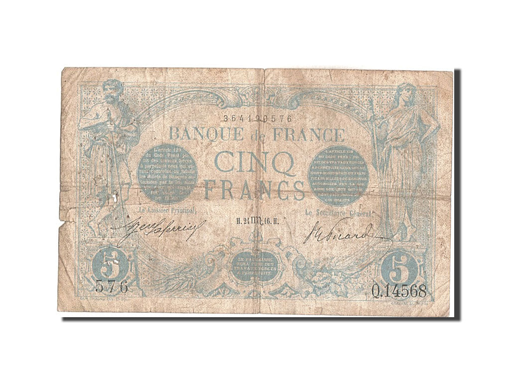 Banknote, France, 5 Francs, 5 F 1912-1917 ''Bleu'', 1916, 1915-10-24, VF(20-25)