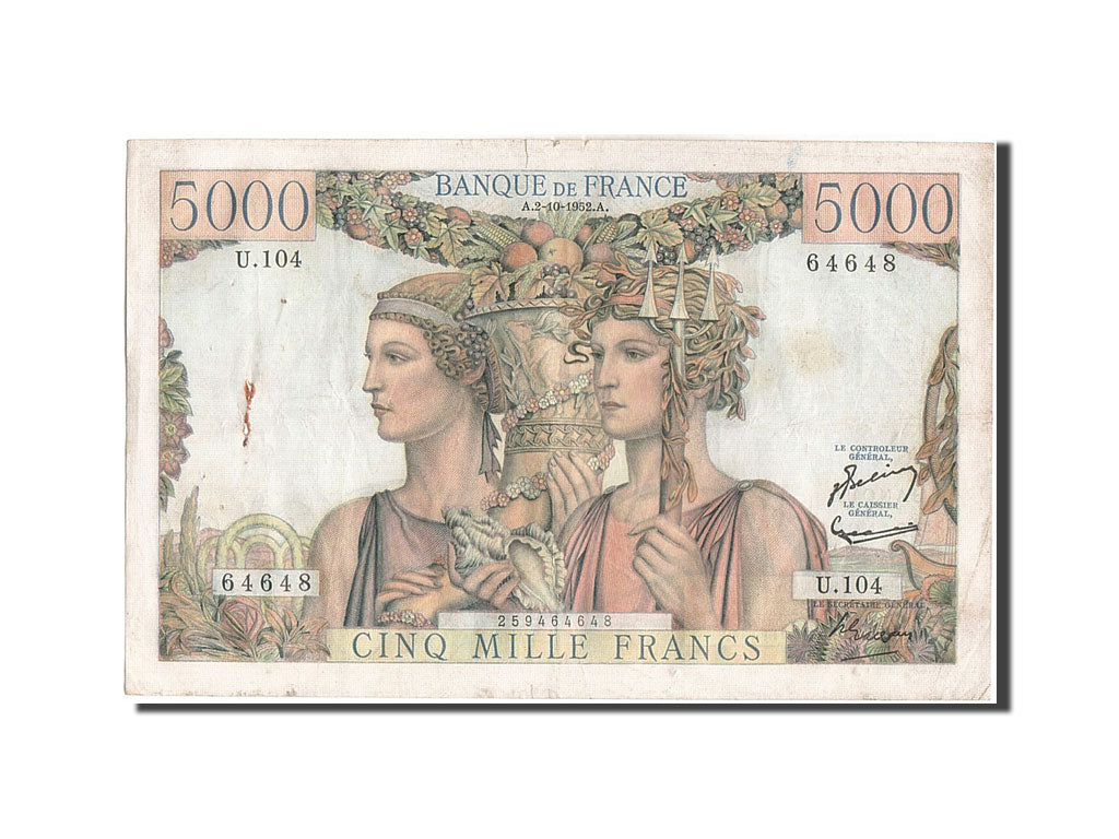 Geldschein, Frankreich, 5000 Francs, 5 000 F 1949-1957 ''Terre et Mer'', 1952