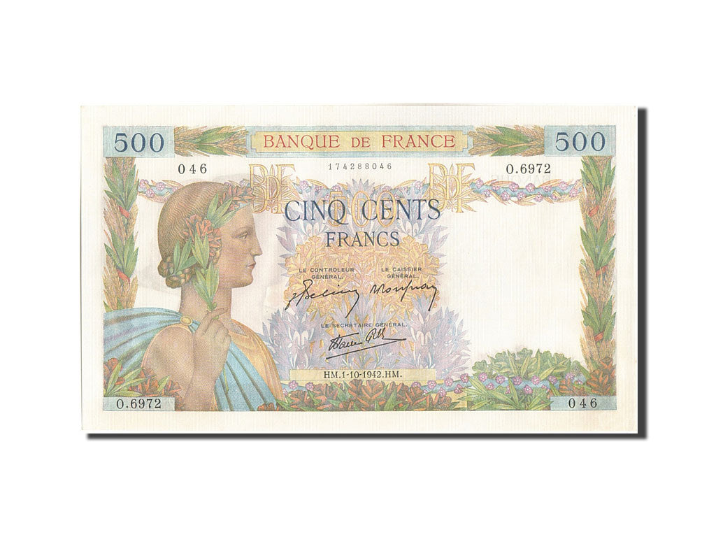 France, 500 Francs, 500 F 1940-1944 ''La Paix'', 1942, KM #95b, 1942-10-01,...