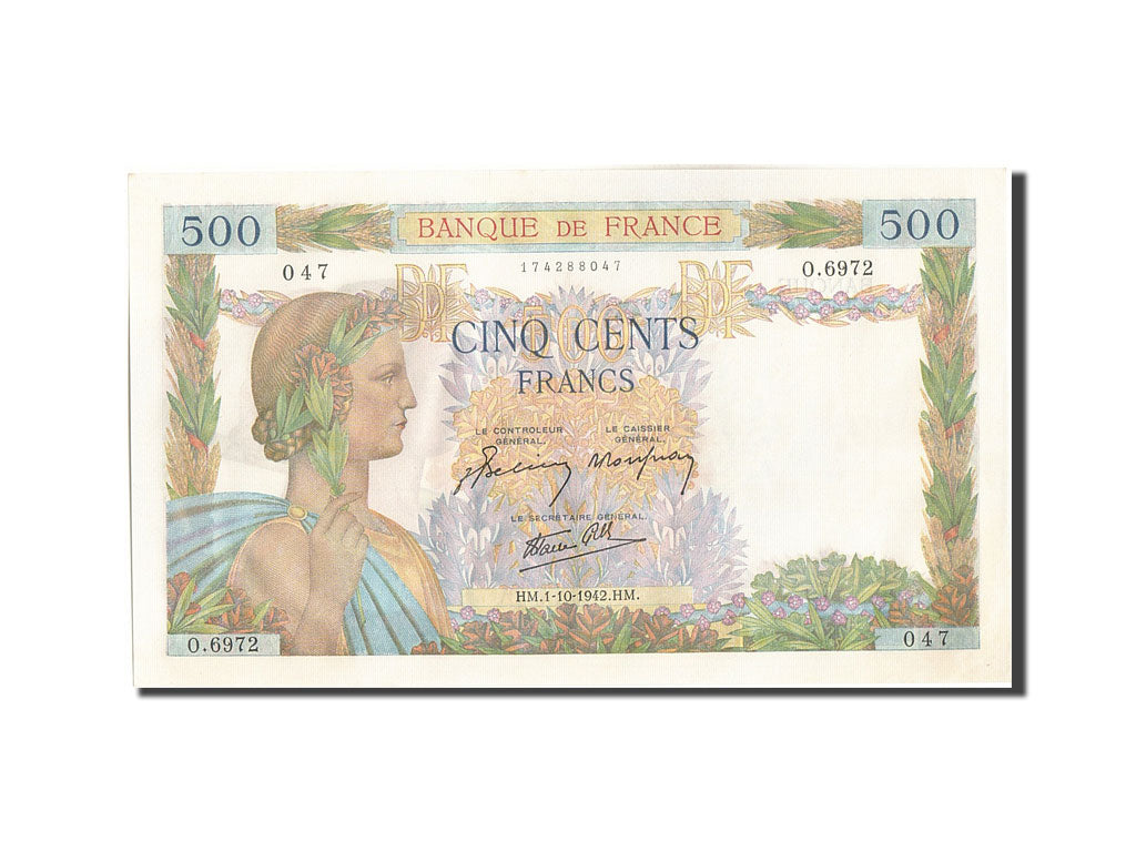 Francia, 500 Francs, 500 F 1940-1944 ''La Paix'', 1942, KM:95b, 1942-10-01, S...