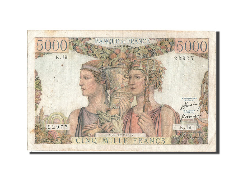 France, 5000 Francs, 5 000 F 1949-1957 ''Terre et Mer'', 1951, KM #131b,...