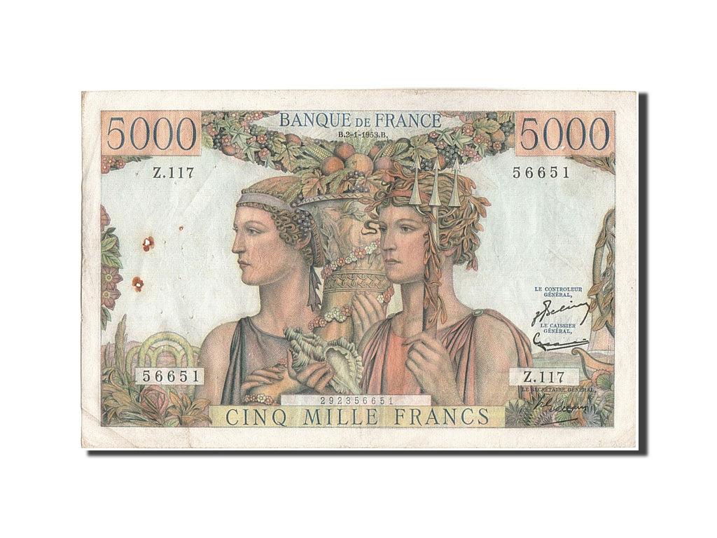 France, 5000 Francs, 5 000 F 1949-1957 ''Terre et Mer'', 1953, KM #131c,...